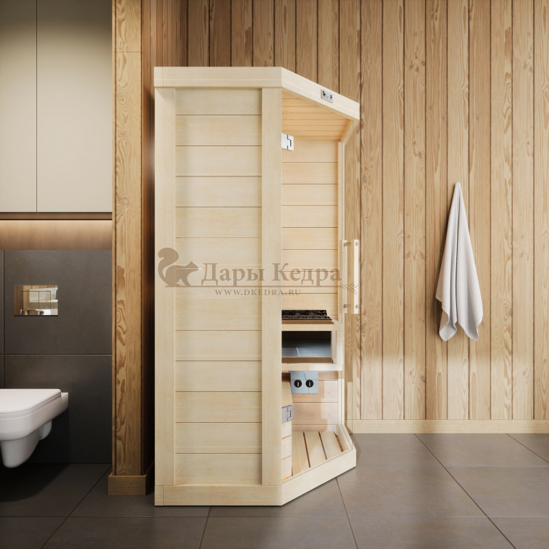 Одноместная угловая финская «Элит» сауна кабина из кедра и липы с электрокаменкой